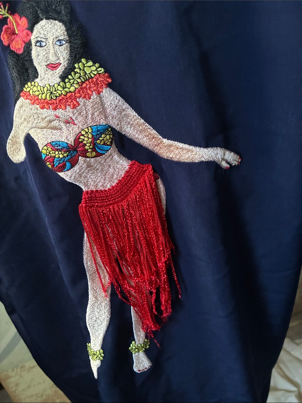 Vintage Bowling shirt SZ L embroidered Dancing Hula Girl Appliqué Dress